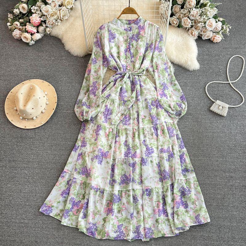 Long Sleeves Stand Collar A- Line Elegance Wide Hem Printed Dress