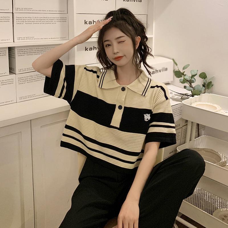 Летняя полосатая свободная повседневная рубашка-поло в стиле ретро с тонким воротником-поло, короткая вязаная футболка, женский топ