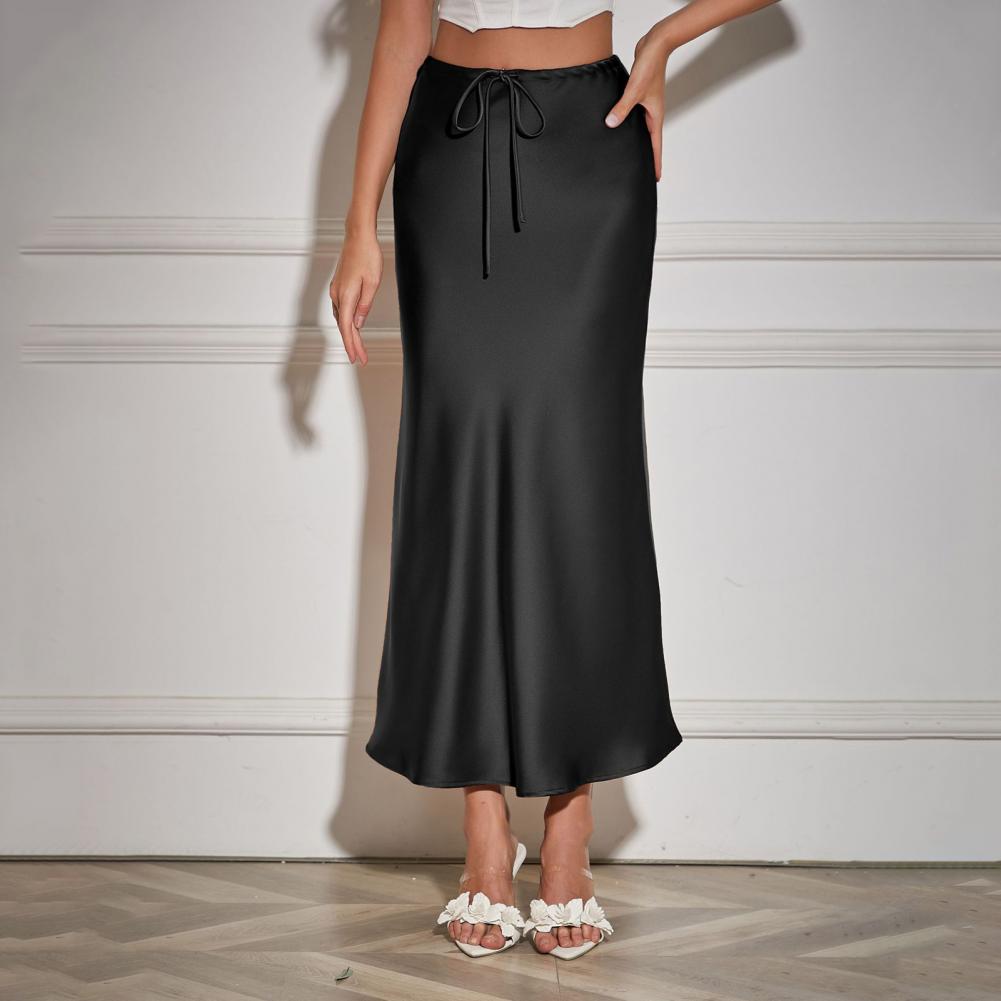 Summer Fall Women's Drawstring Hip Sheath Dress Elegant Silk Satin High Waist Floor-length Skirt Elastic Ankle Length Line A