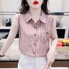 Элегантная свободная полосатая блузка без рукавов с воротником поло, женская одежда, новая летняя повседневная рубашка на пуговицах