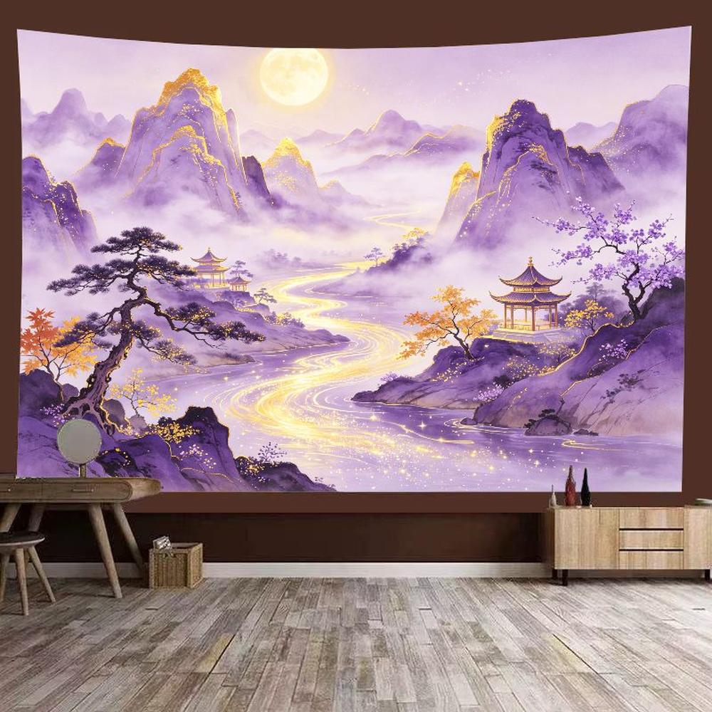 Oriental Sea Mountain Tapestry, Ancient Temple Blue Peaks Cloudy Sky Decor