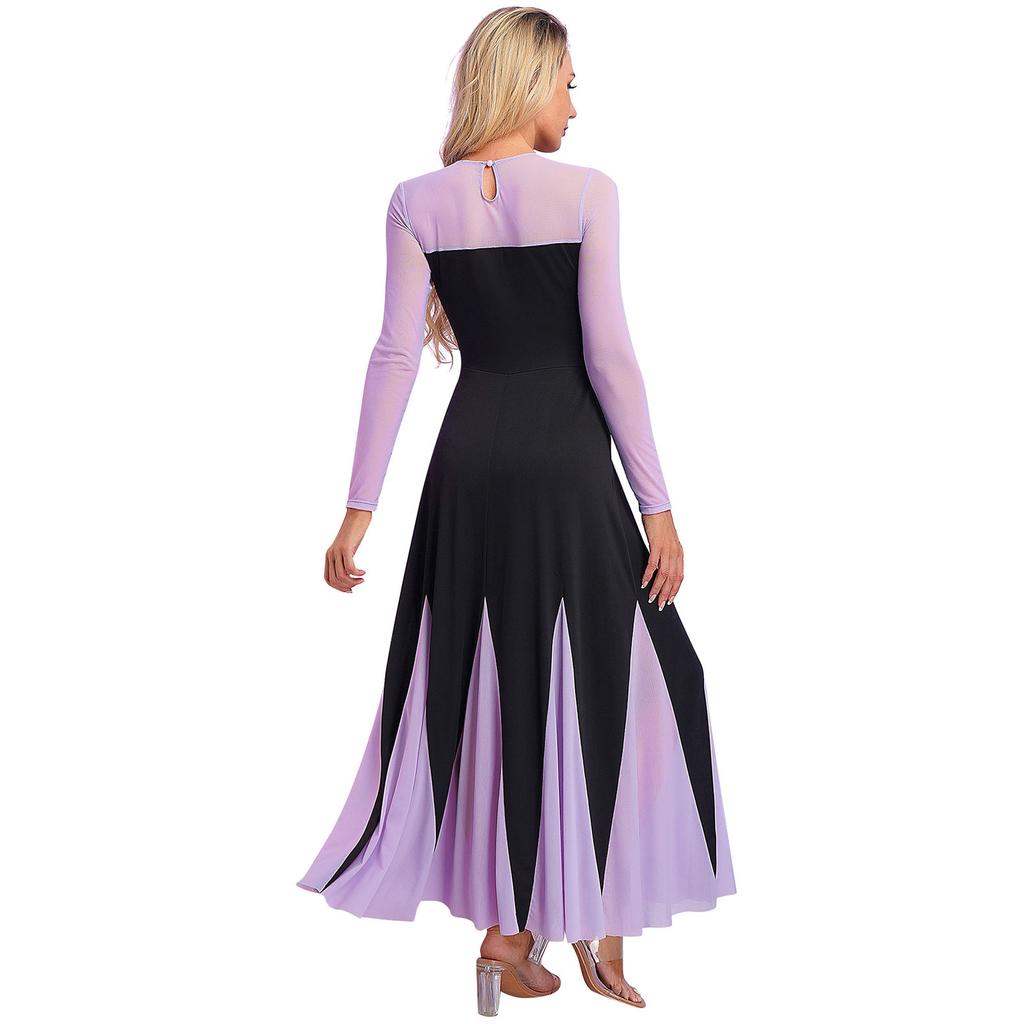 Womens Sweetheart Neckline Long Sleeve Patchwork Mermaid Hem Maxi Dress