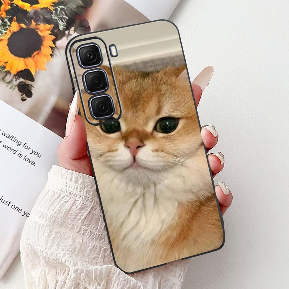 For Infinix Hot 50 4G Phone Case Hot 50 Pro+ 4G Hot50 Pro Elegant Floral Cat Pattern Black Silicone Soft TPU Cases