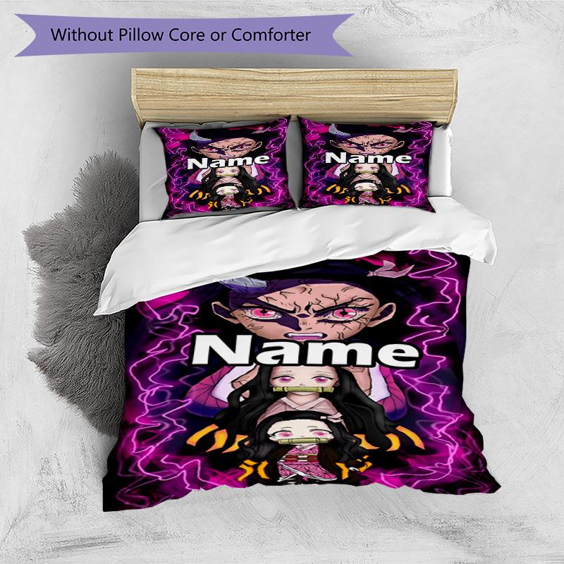 3pcs Duvet Cover Set (1*Duvet Cover + 2*Pillowcase, Without Core), Custom Name Demon Slayer Pattern Bedding Set, Home Bedroom Decor Gift
