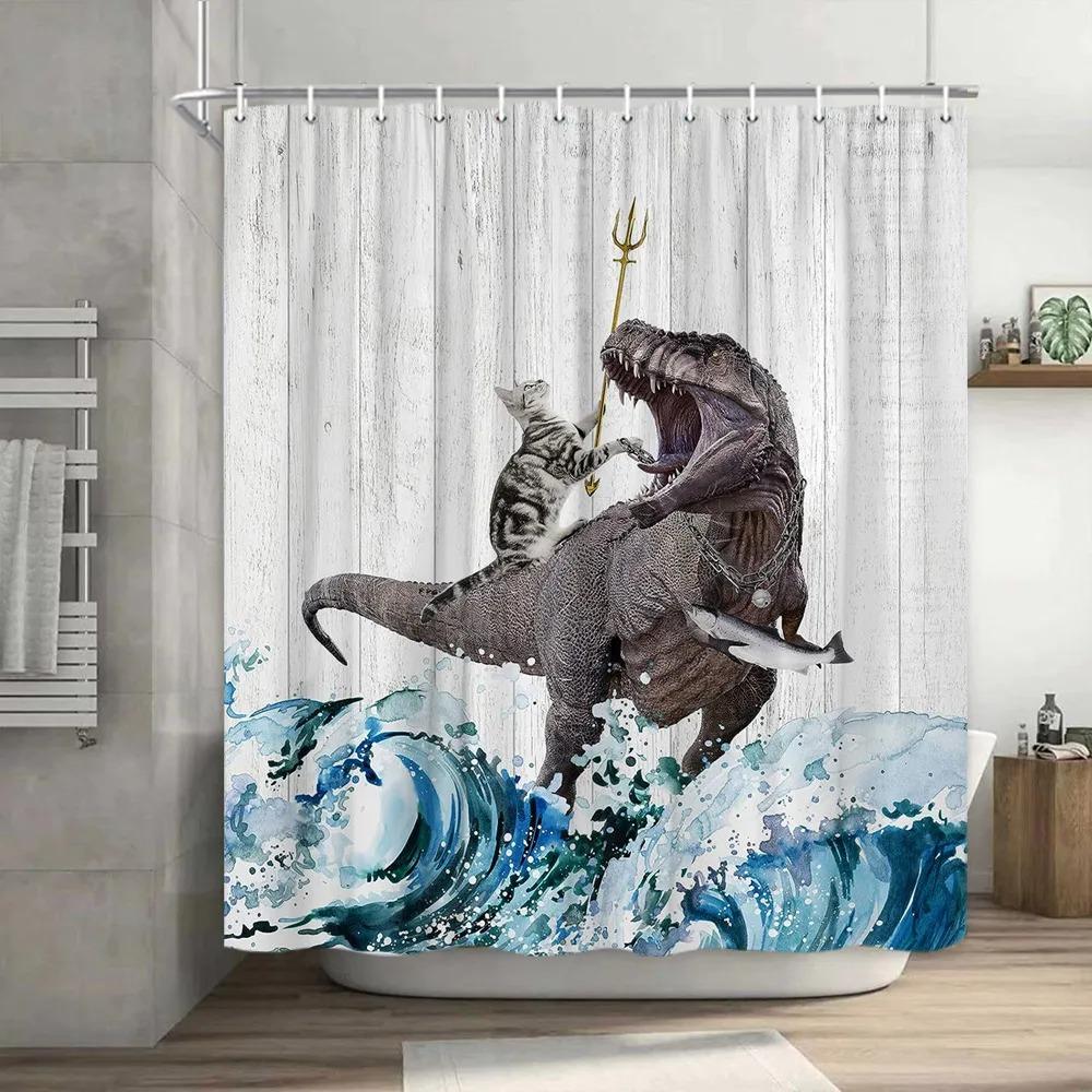 Забавная шторка для душа с кошкой Крутая шторка для ванной с динозавром Дино Дно Японское Море Океанская Волна для Детей Мальчиков Деревенский Деревянный Фермерский Дом
