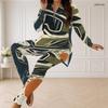 Women Plus Size Front Zip Long Sleeve Yellow White Printed Longline Top And Fitted Pants Two Piece Set