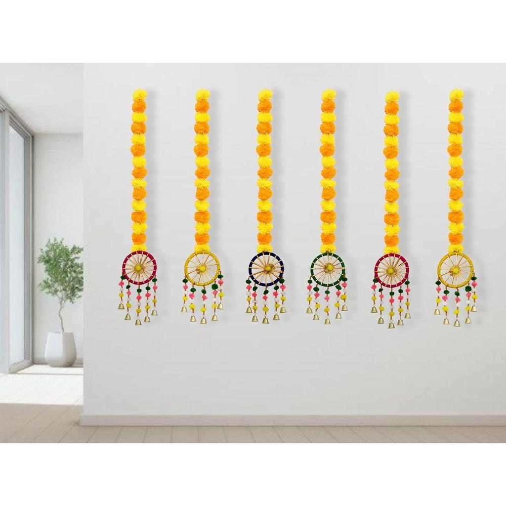 Handmade Marigold Fluffy Flowers with Ring Bell Hanging Latkan Toran For Home, Festival, Wedding, Temple Pooja Room Decoration (Pack of 6)