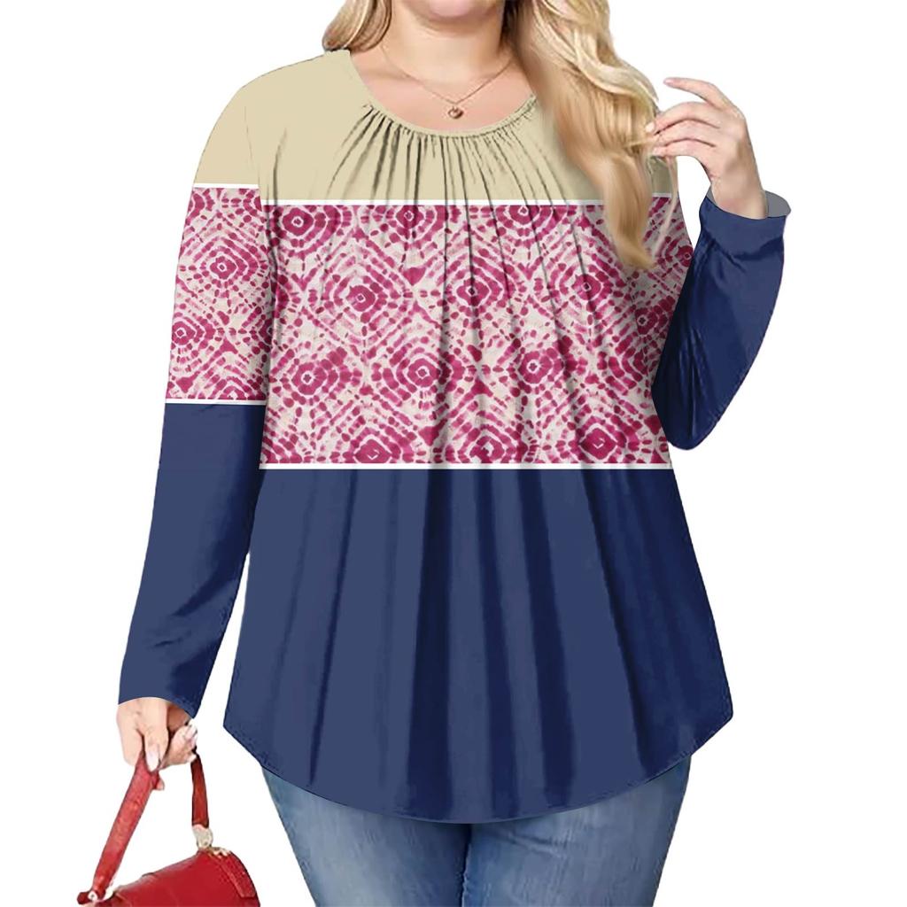 Women's Plus Size Fashion Printed Casual Pleated Round Neck Long Sleeve Top