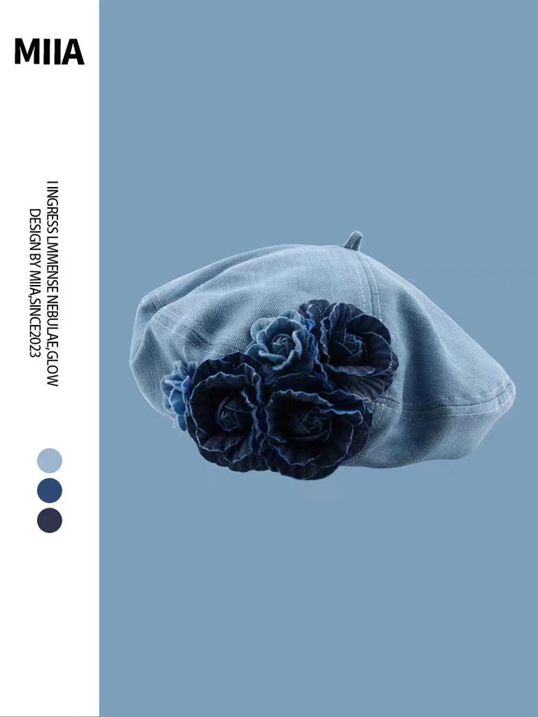 Spring And Summer Contrasting Colors Denim Camellia Trendy Fluffy Painter Hat Casual Fashionable Beret