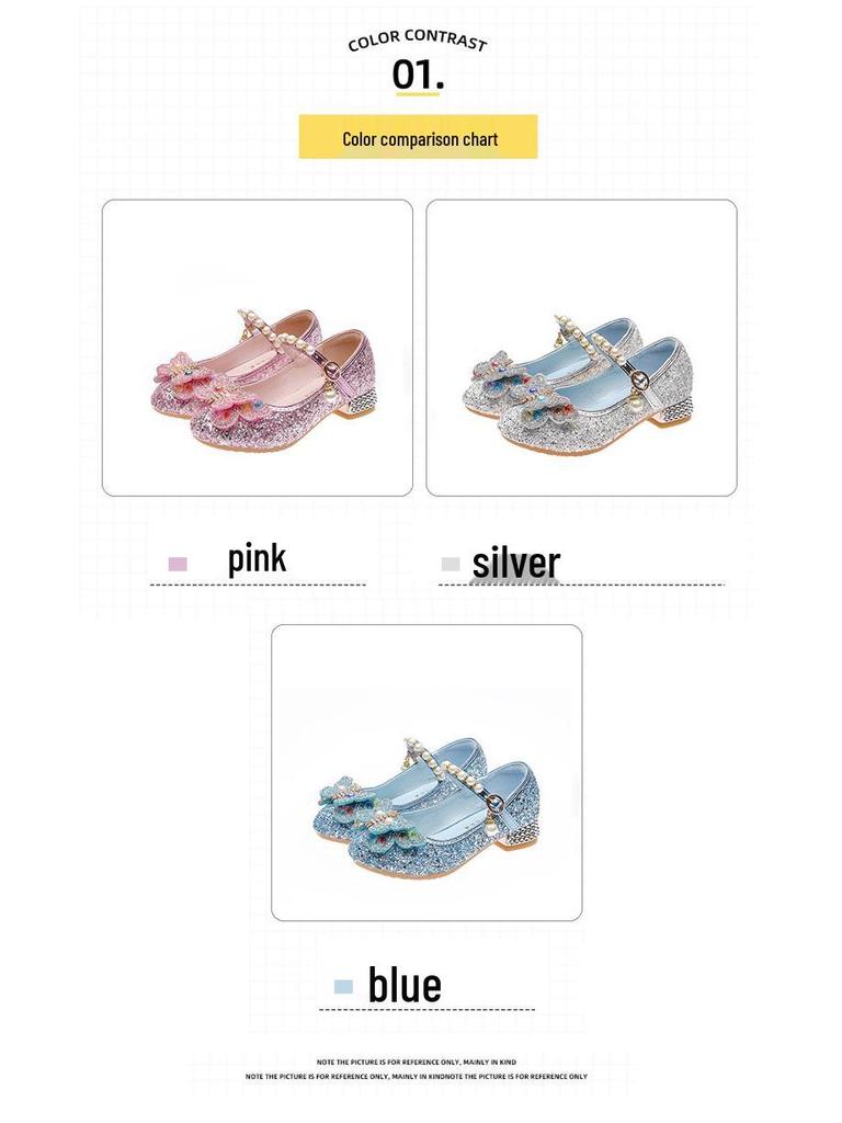 Girls' Princess Butterfly Crystal High Heel Shoes - Spring & Autumn Fashion Leather