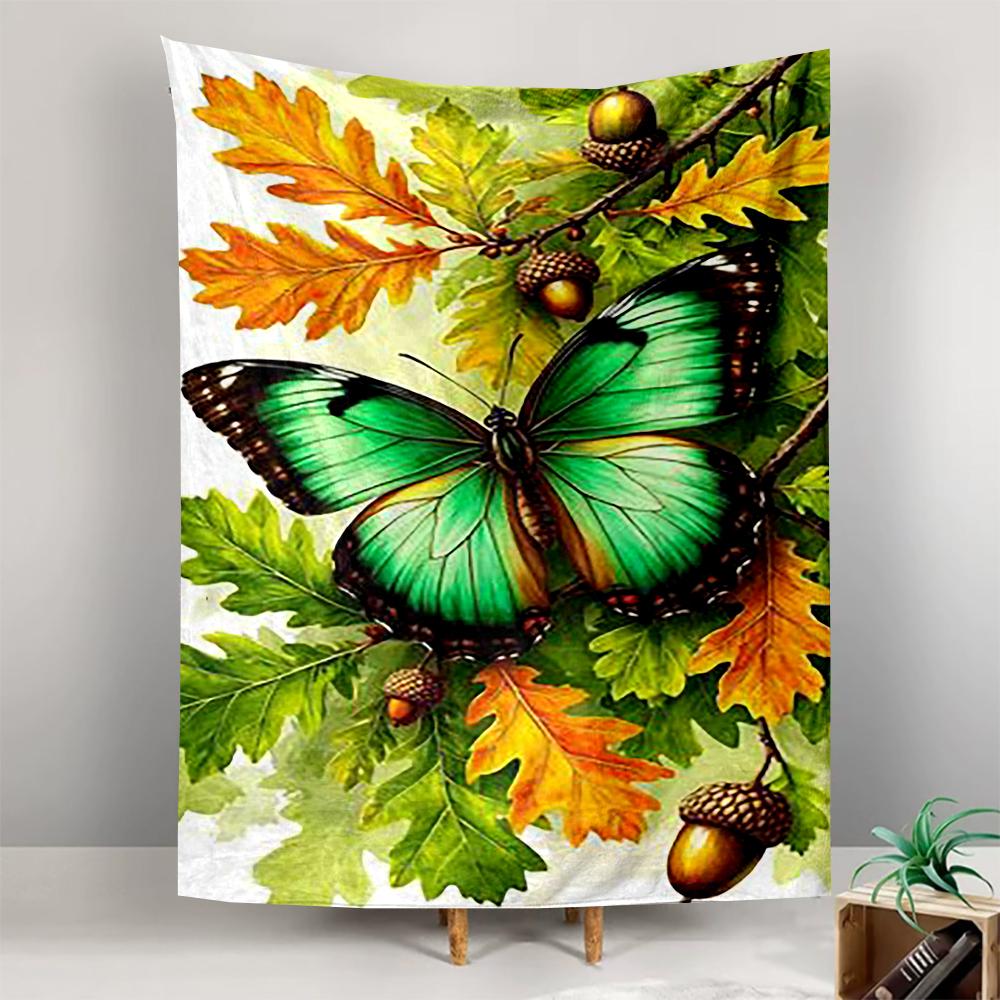 Green Butterfly & Autumn Leaves Patterned tapestry for bedroom and living room home decor