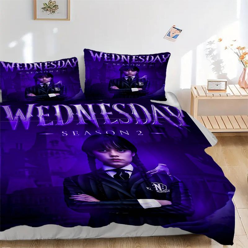 3pcs Wednesday Addams Printed Quilt Set - Includes 1 Quilt Cover and 2 Pillowcases, Machine Washable - Suitable for All Seasons.H101