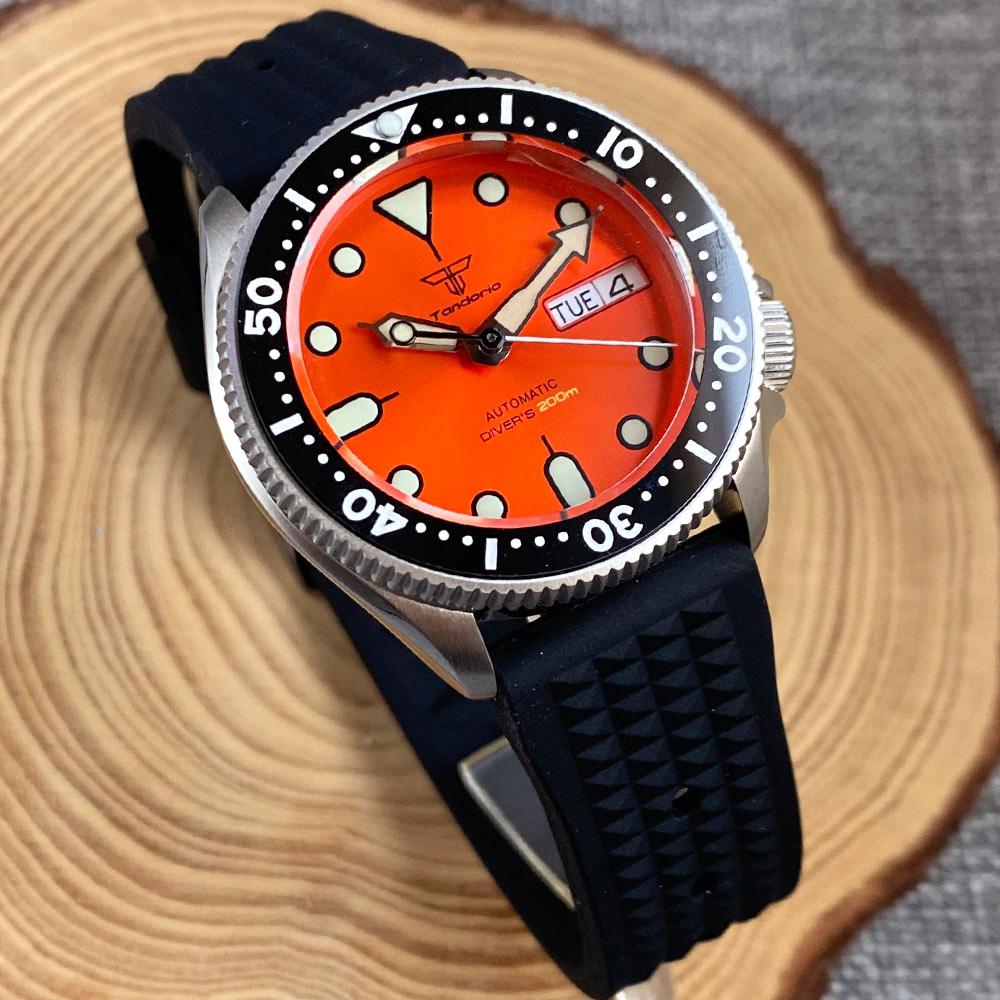 37mm Tandorio 200m Diving Sapphire Glass NH36 Automatic Men Watch 3.8 O‘clock Crown Rubber Strap 120 Clicks Bezel Luminous
