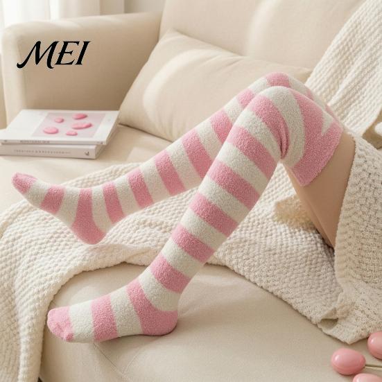 Casual Home Wear Socks Striped Plush for Women, Coral Fleece Winter Thermal Socks, Soft Thickened Knee High Stockings, Warm Sleeping And Cold Weather
