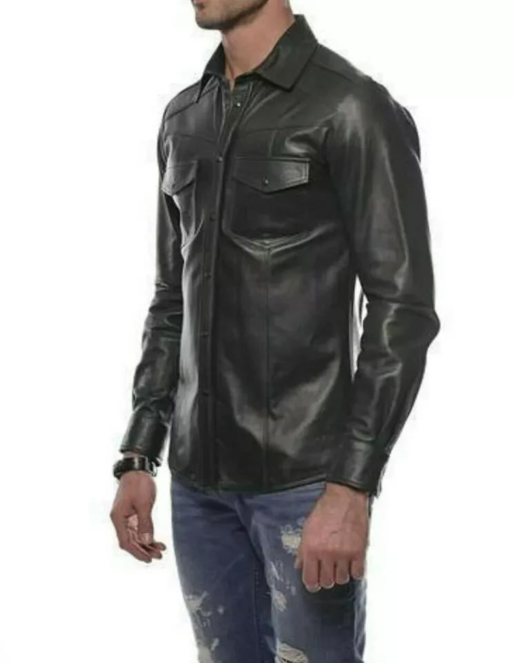 Мужская рубашка из натуральной кожи ягненка, стильная, черная, ручная работа, модная, повседневная