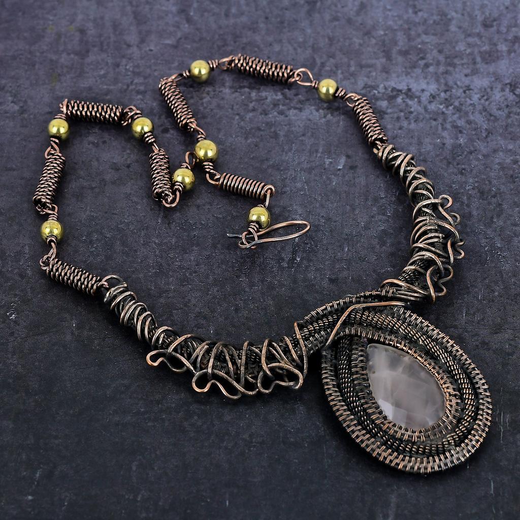 Rose Quartz Gemstone Handmade Copper Wire Wrap Jewelry Necklace 18" b0d34