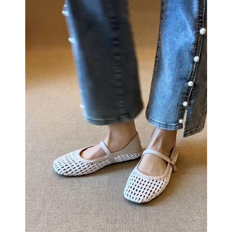 French Literary Style Woven Hollow Breathable Mary Jane Single Shoes Women's Word with Flat Sandals