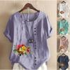Женская модная футболка с круглым вырезом и коротким рукавом, повседневная хлопковая льняная рубашка с рисунком, свободная летняя блузка с принтом цветов и растений для отдыха, топы больших размеров
