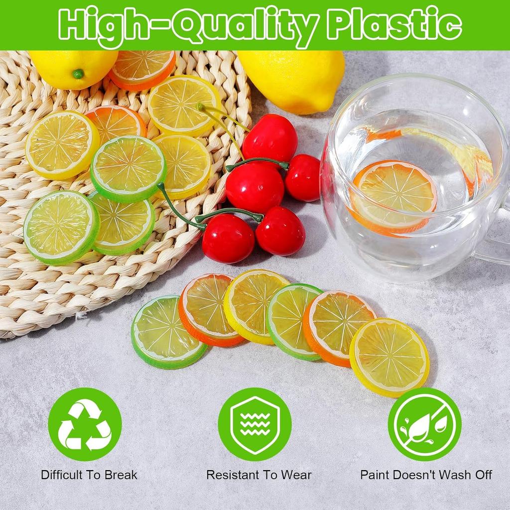 15 Pcs Fake Lemon Slices Plastic Lemons Decor Artificial Faux Lemon for Kitchen Home and Party Decoration (Yellow, Orange, Cyan)
