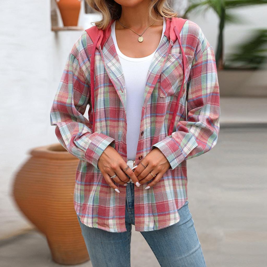 Женская модная широкая клетчатая куртка-рубашка с длинными рукавами и карманами на пуговицах и капюшоном