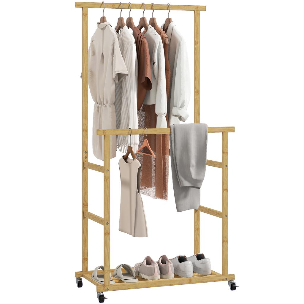 Clothes Rack with Casters, Coat Rack with Clothing Rail, Shoe Shelf, Made of Bamboo, 80 x 40 x 160 cm, Natural