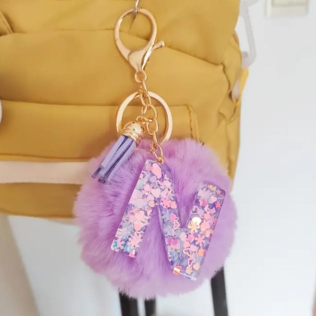 Fashion Glitter 26 Initials Letter Key Pendant With Purple Fluffy Pompom Trend Resin Alphabet Keychain Charms Party Gift