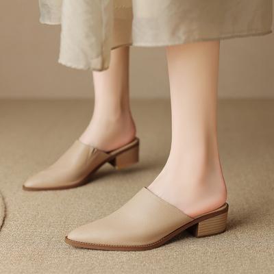 Модная женская новая весенне-летняя остроносая кожаная повязка на голову из овчины, удобные мюли на среднем каблуке