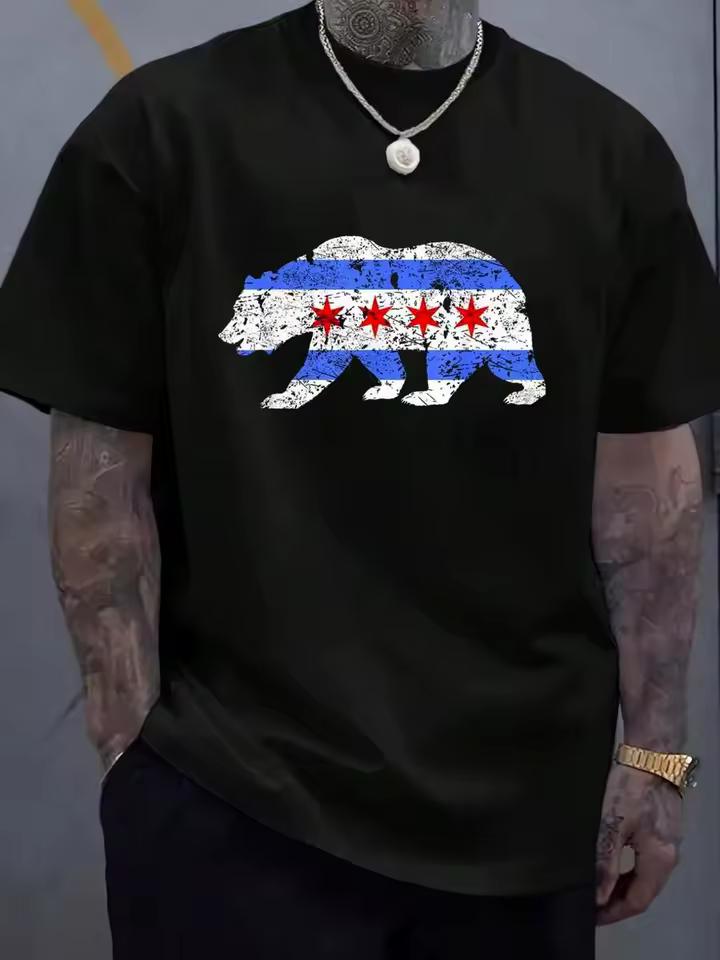 100% Cotton Chicago City Flag Distressed Bear Gift T shirt Women's Men's Graphic Tee Causal Tops Fashion T shirt Short Sleeve T-S