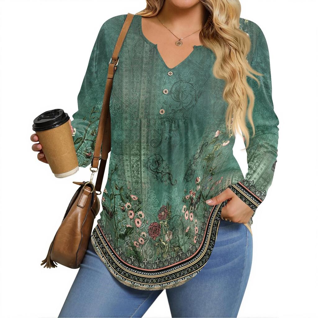 Womens Plus Size Long Sleeve Shirts V Neck Tunic Tops Basic Loose Fit Tee Tops