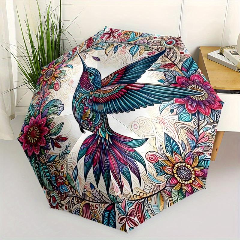 1pc Hummingbird Floral Automatic Open/close Folding Compact Umbrella, 8-Rib Sturdy Canopy, Lightweight Portable, Everyday Use, Gift, 124