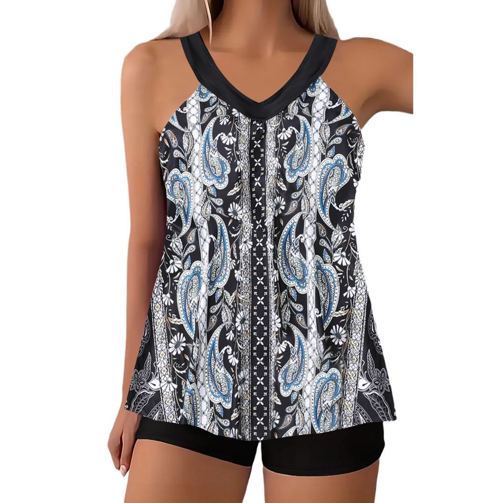 Women's Swimwear Tankini 2 Piece Swimsuit Green Pattern Print Vacation Bathing Suits