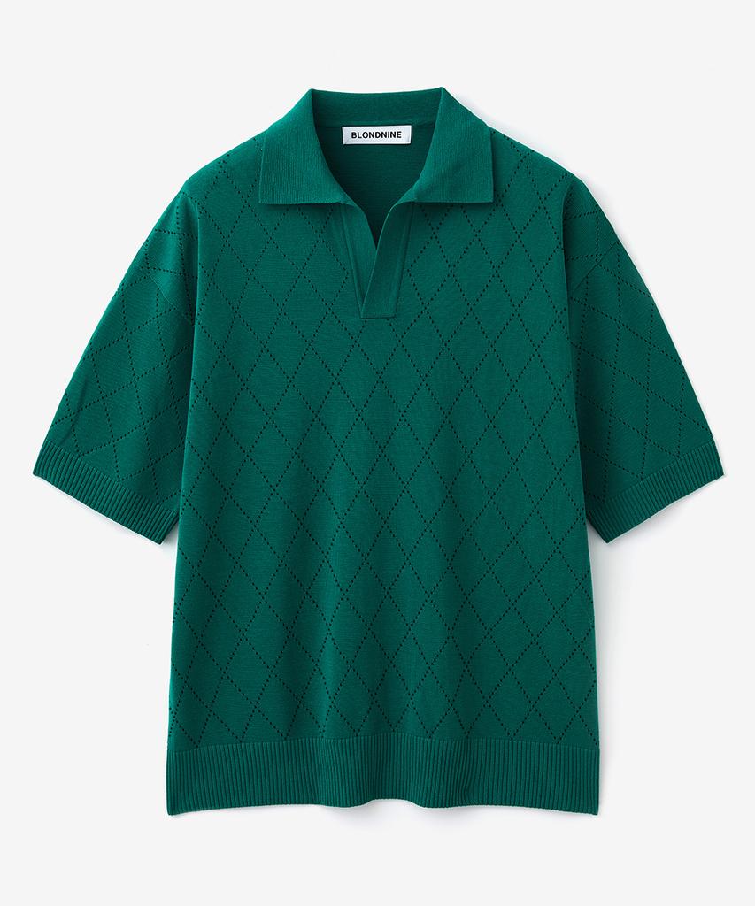 BLOND9 Cotton Diamond Open Collar Short Sleeve Knit_Green