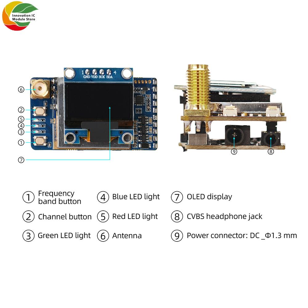 VRX-75DF 6.1–7.2 GHz Video Receiver 64-Channel FPV Analog Video Receiver for FPV Drones with 0.96-inch OLED Display