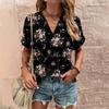 Женская мода с V-образным вырезом и коротким рукавом, свободная одежда больших размеров, повседневные футболки с мятым цветочным принтом, уличная одежда, повседневные женские топы