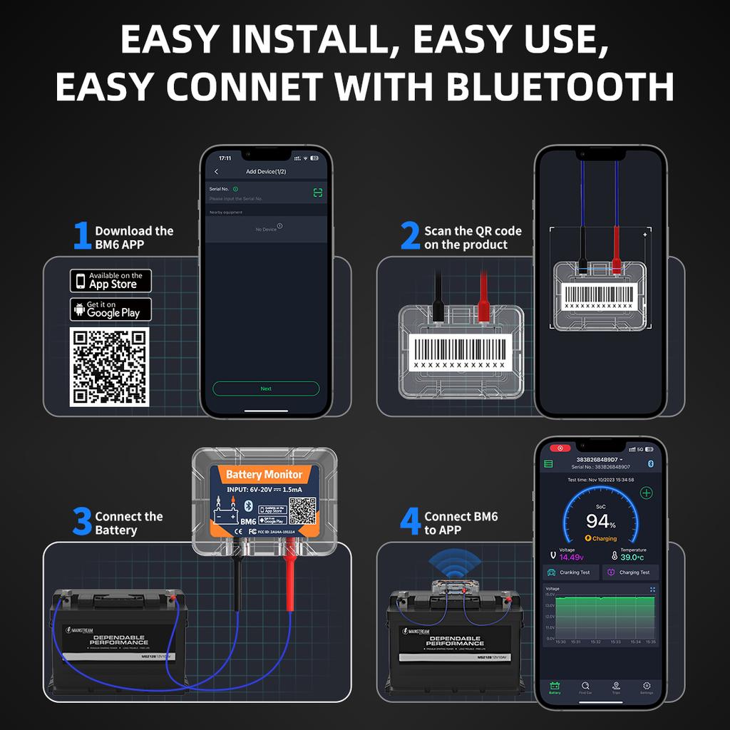 QUICKLYNKS BM6 Wireless Bluetooth Battery Monitor 12V Car Battery Health Monitoring Battery Tester for Motorcycle Truck Car