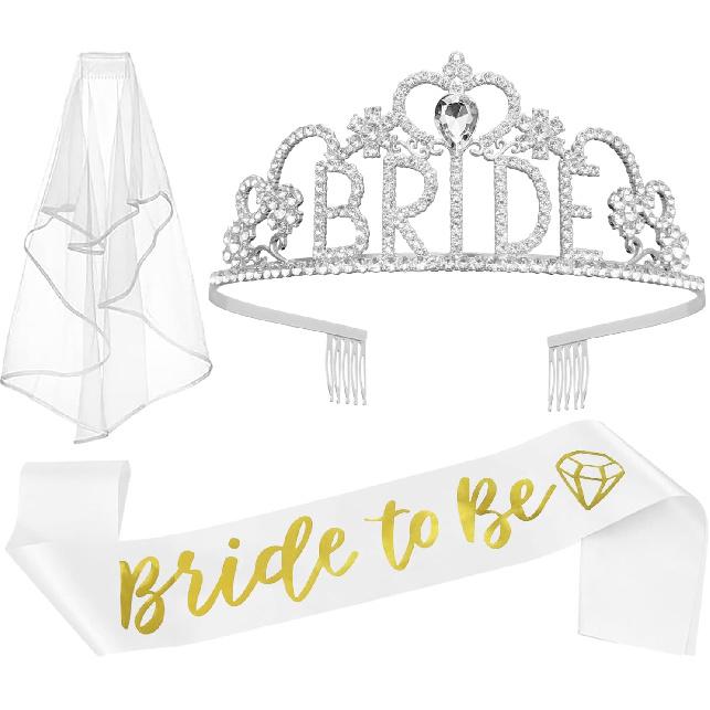 JETKONG 3 Pcs Bachelorette Party Decorations BRIDE Crown, Bride to Be Sash&Veil for Women Bachelorette Party Gifts, Bridal Shower Supplies, Gifts,
