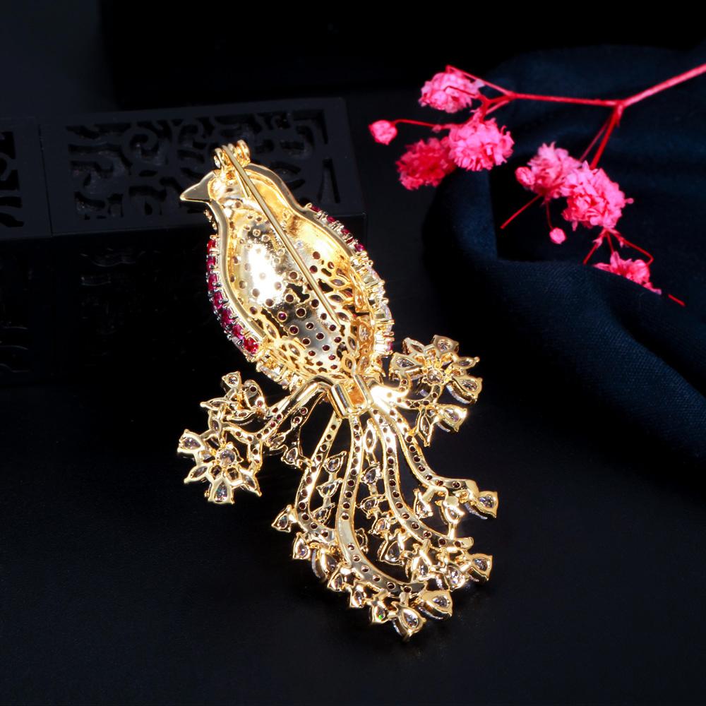 Price Luxury Chic Two Tones Gold Color Micro Pave Red Cubic Zirconia Big Animal Bird Brooches for Women Suit Jewelry