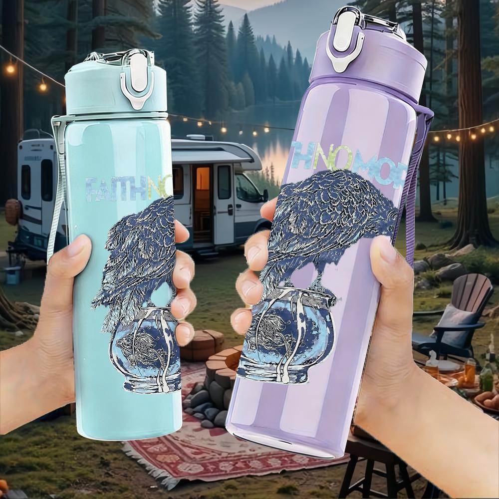 1PC Faith no more eagle circular logo print 750ml colorful plastic sports water bottle leakproof pop up lid with straw for outdoor work home use