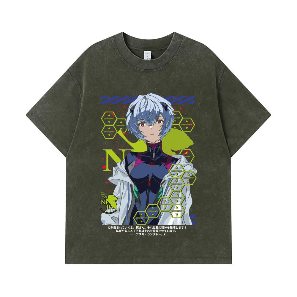 275 GSM Washed T-shirts 100% Cotton Evangelion V6 Rei Print Unisex Heavy Cotton T Shirt