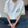 Корейские женские футболки с коротким рукавом, повседневные, с вышитыми большими цветами, женские футболки, модные женские хлопковые футболки, белые топы y2k