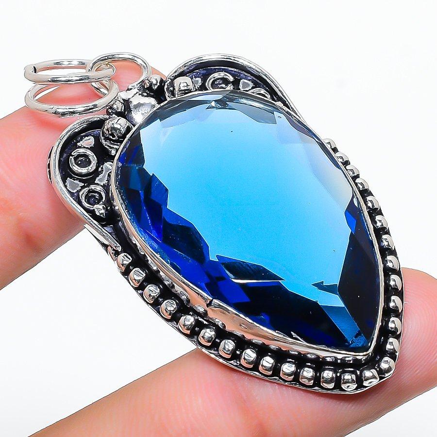 London Blue Topaz Gemstone Handmade 925 Sterling Silver Gift Pendant 2.44" D9u04