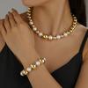 1 Set Imitation Pearl Necklace Bracelet Retro Punk Style Beaded Choker Necklace Metallic Golden Bead Bracelet Women Jewelry for Party Dating