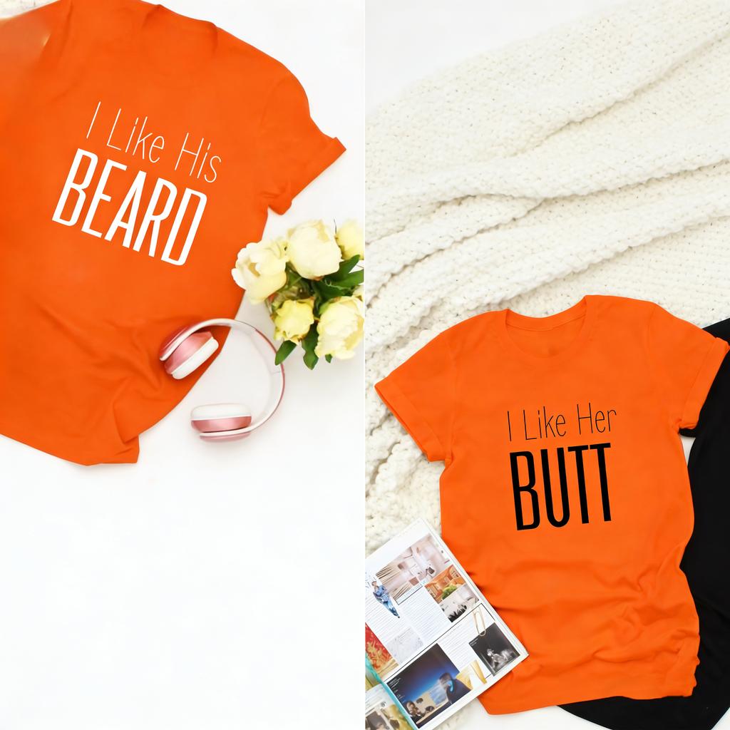 Her Butt I Like His Beard Funny Simple Letters Print Tshirt Tops Valentine Gift for Couples Cute Matching Regular Short Sleeve