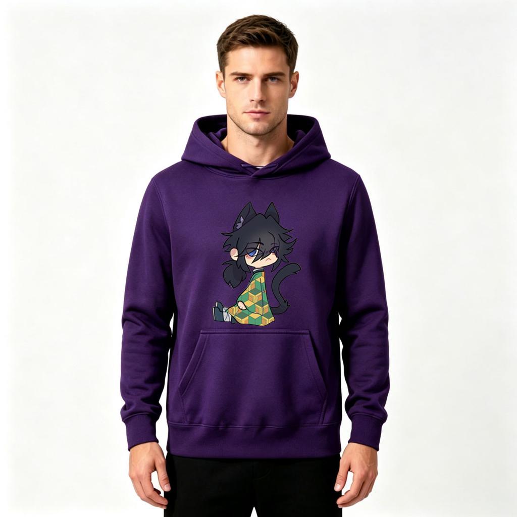 Men's Cat Ear Tomioka Print Casual Pullover Hoodie, Adult Long Sleeve Cozy Sweatshirt For Daily Wear