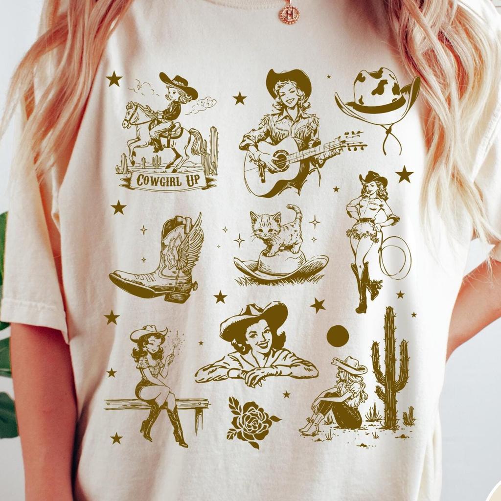 Retro Western Cowgirl Comfort Colors® Shirt, Vintage Cowgirl Pattern T-Shirt, Retro Rodeo, Cute Country Western Aesthetic Oversized Tee