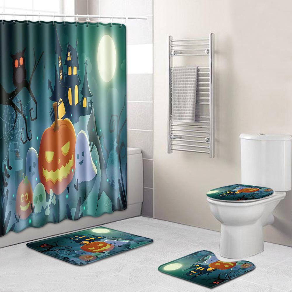 Halloween Shower Curtain Floor Mat Combination Four-Piece Set Bathroom Toilet Carpet Door Mat