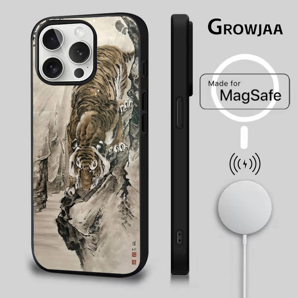 Японская Укиё-э Тигр Чехол для Телефона Для iPhone 17,16,15,14,13,12,11,Pro,Max,Plus,Mini,SE4,E Магнитный Magsafe Беспроводная Зарядка