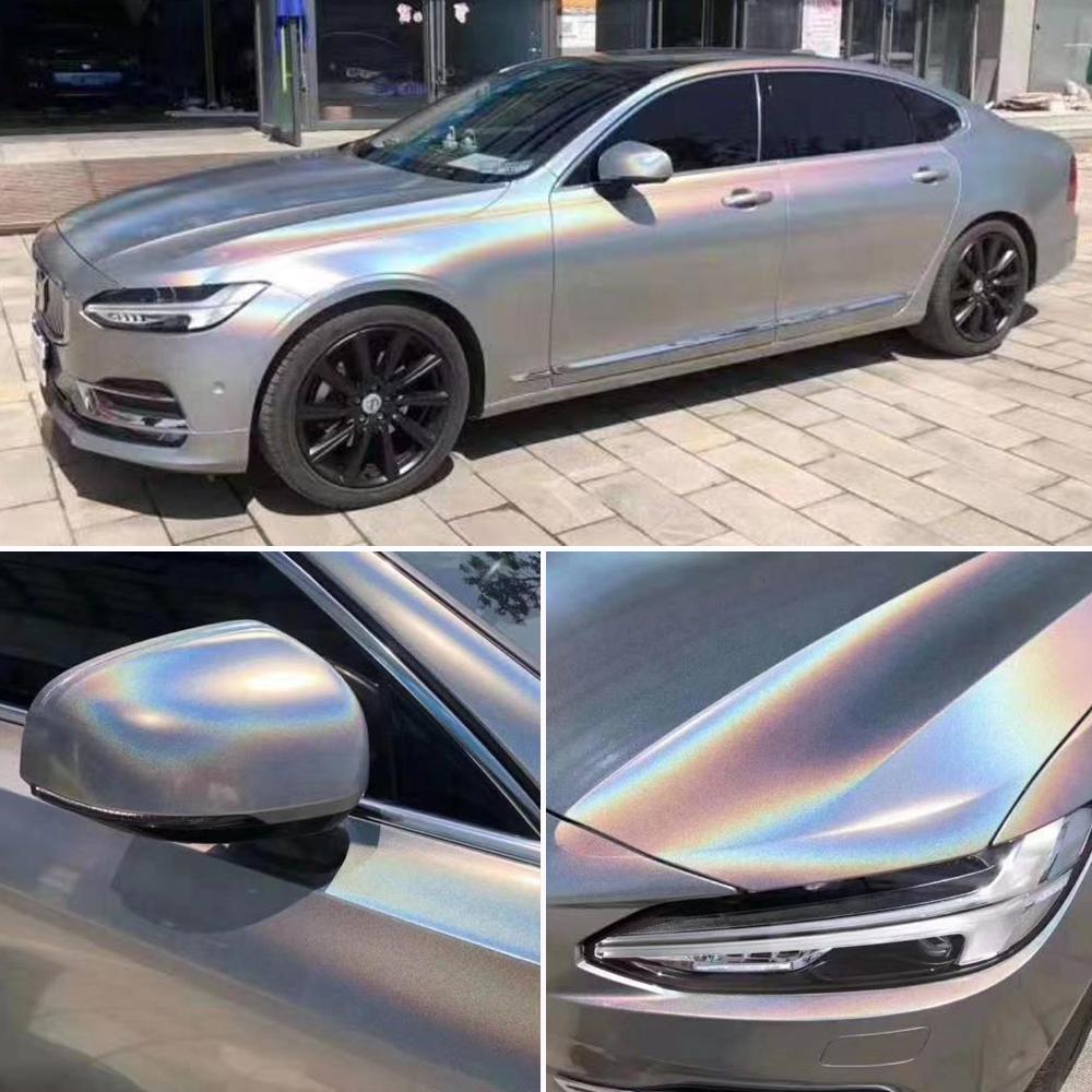 18m X 1.52m Holographic Rainbow Laser Silver Vinyl Wrap Roll Decals for Car Whole Body Wrapping, Car Styling Sticker Glossy Film