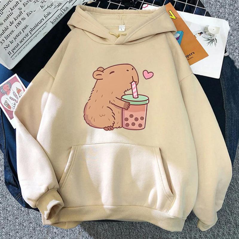 Ladies Spring Autumn Casual Hooded Long Sleeve Big Pocket Capybara Printed Pullover Hoodies Sweatshirt Top