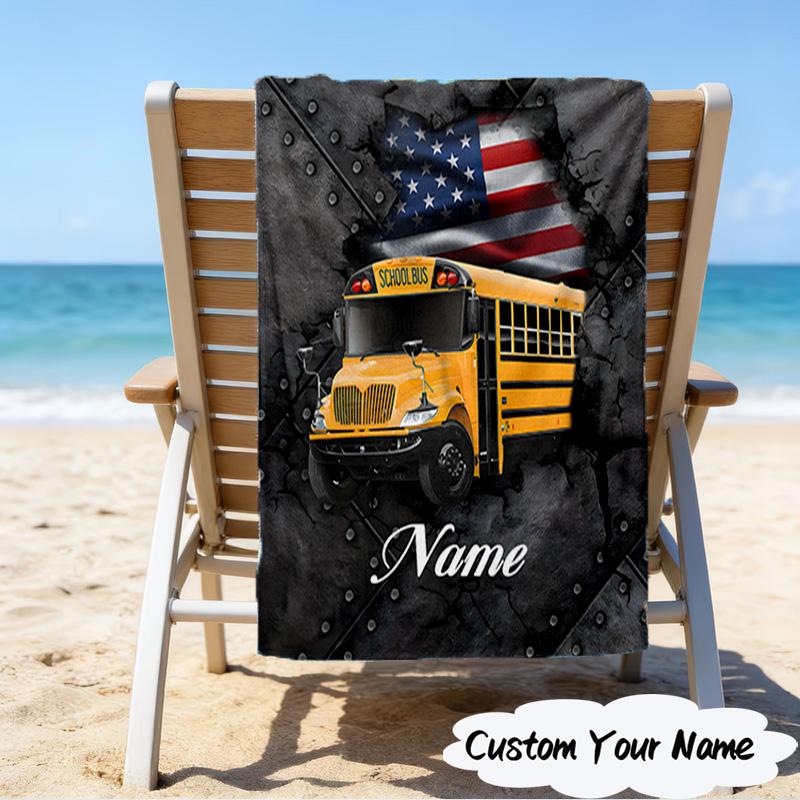 1PC Custom Name Beach Towel School Bus Adventure Beach Towel, Suitable for Camping, Travel, Beach Accessories, Super Absorbent, Family Gift